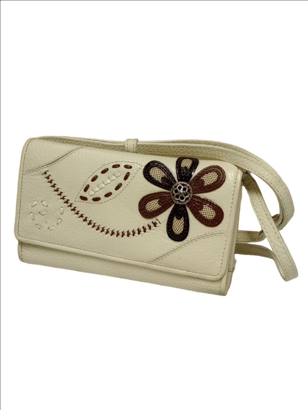 BRIGHTON "JARDINE" OFF WHITE LEATHER CROSSBODY WALLET  BROWN STITCHED FLOWER